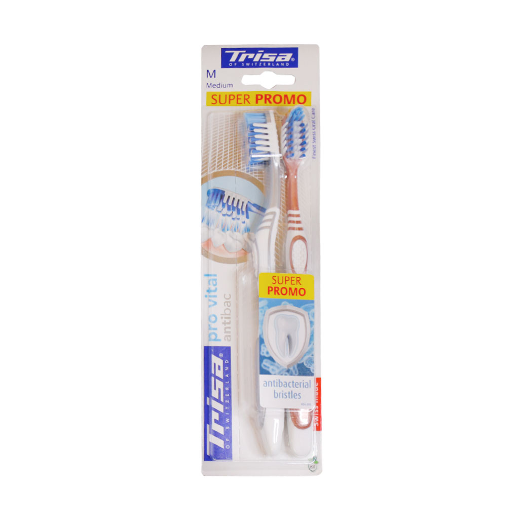 مسواک دوتایی سوپر پرومو مدل پروویتال آنتی باکتریال مدیوم تریزا TRISA PRO VITAL ANTIBAC MEDIUM TOOTHBRUSH