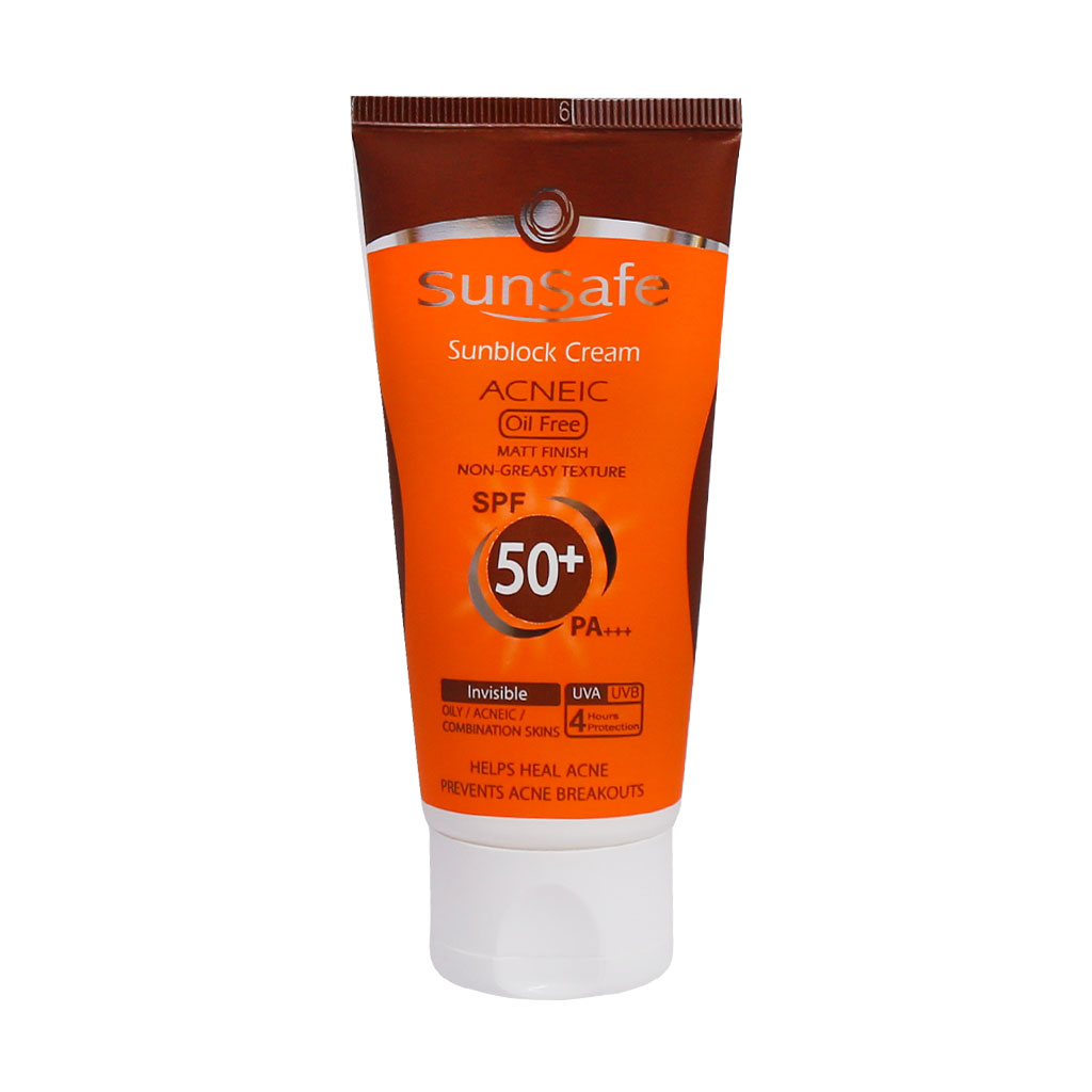 كرم ضد آفتاب +SPF 50 فاقد چربی بی رنگ آنتی آکنه سان سیف SUNSAFE SUNSBLOCK CREAM SPF50+ ACNEIC OIL FREE